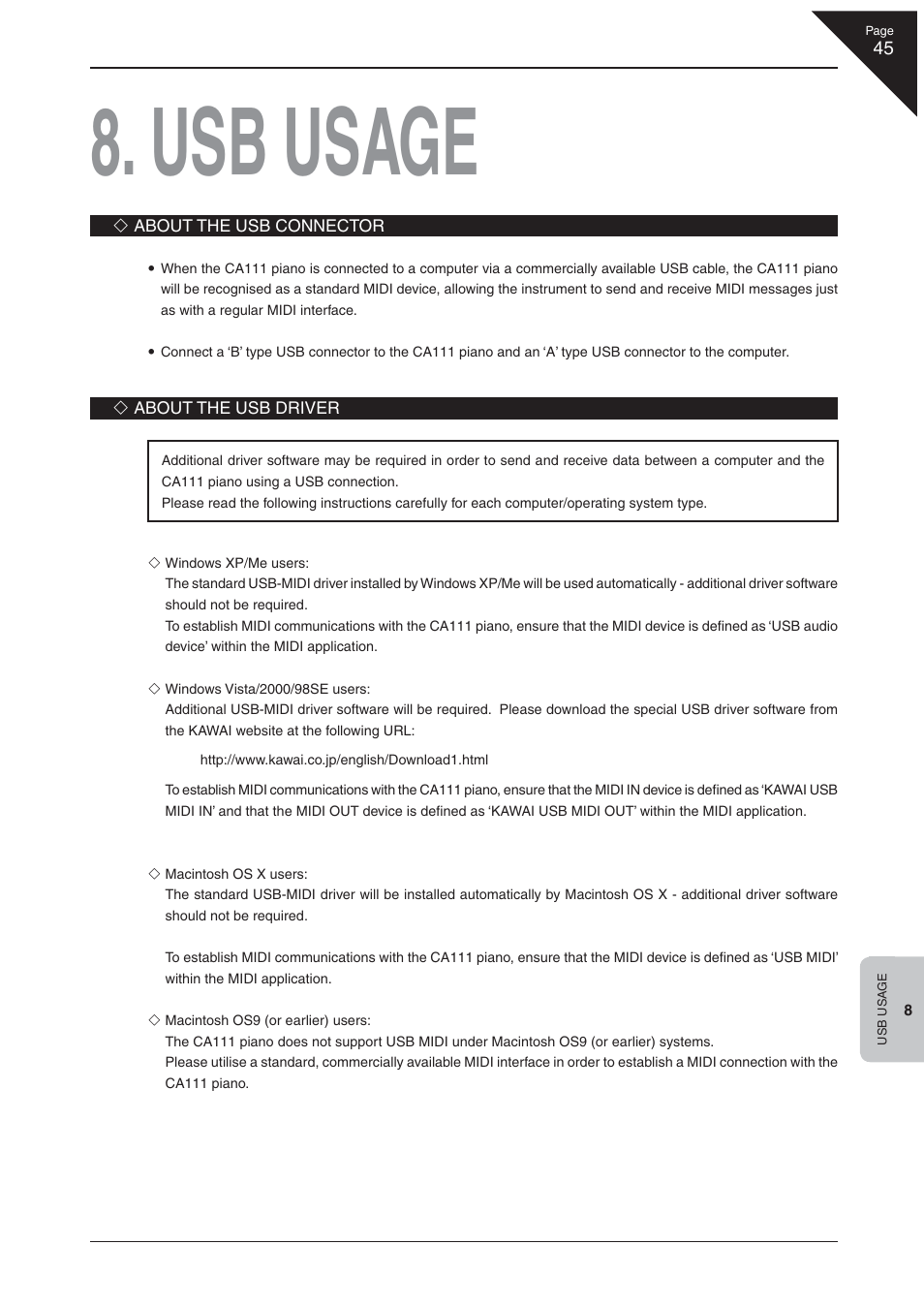 Usb usage | Kawai CA 111 User Manual | Page 45 / 50