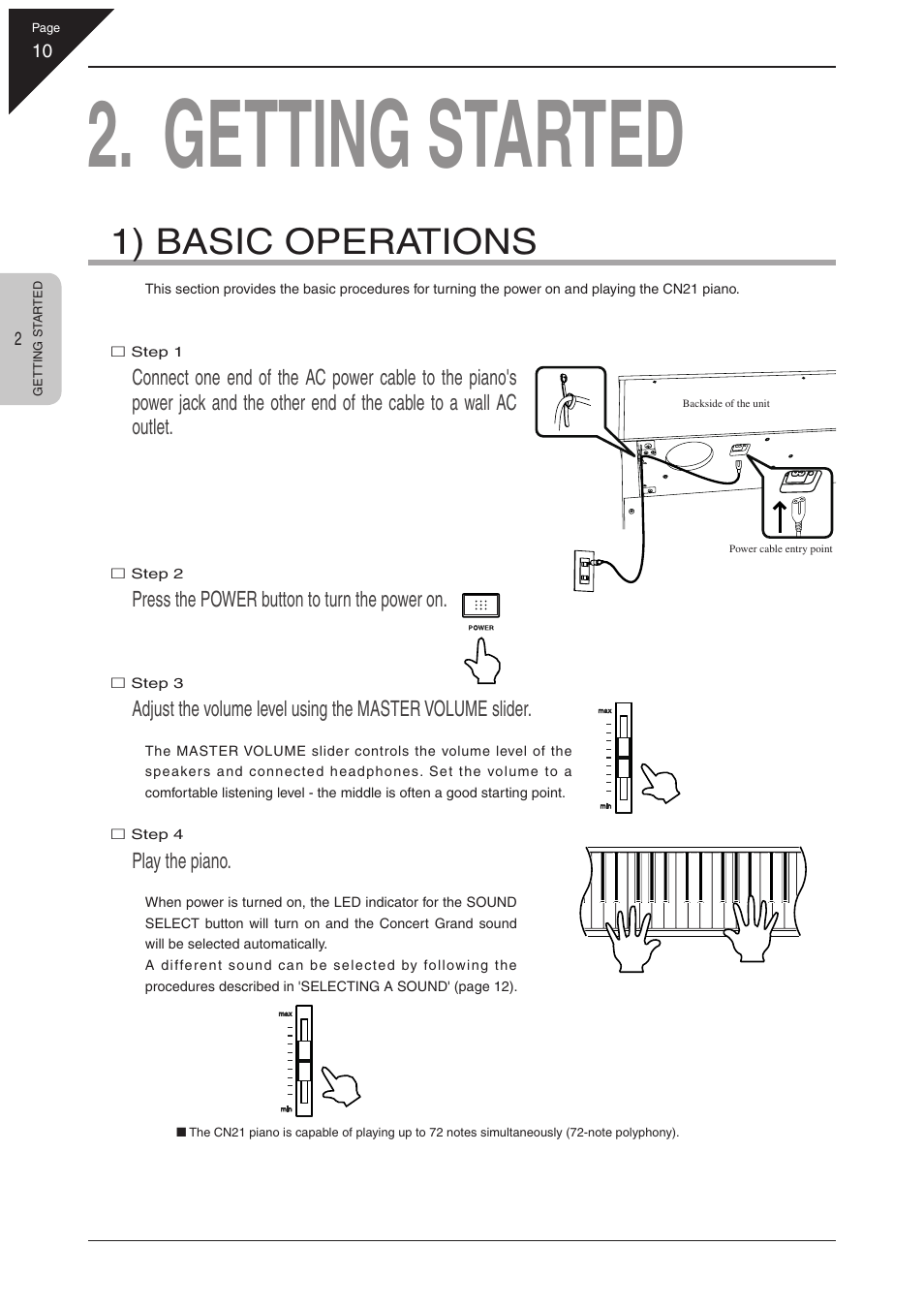 Getting started, 1) basic operations | Kawai CN21 User Manual | Page 10 / 40