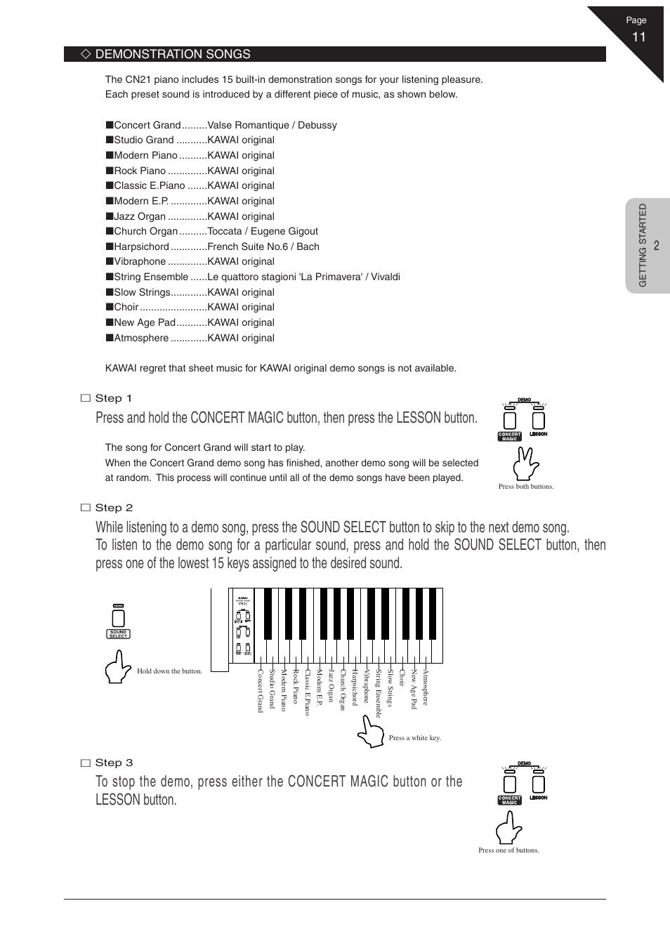 Demonstration songs | Kawai CN21 User Manual | Page 11 / 40