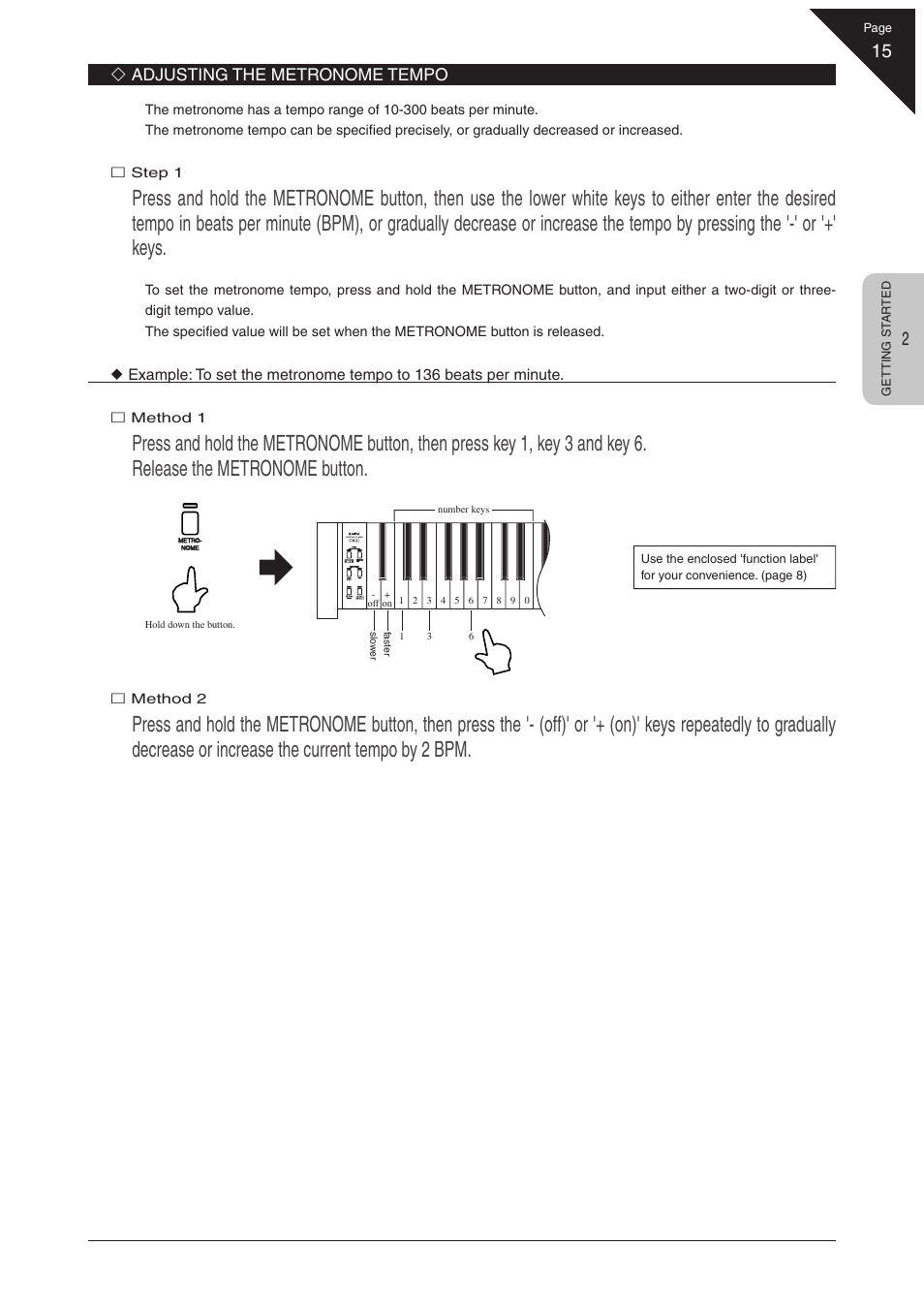 Adjusting the metronome tempo | Kawai CN21 User Manual | Page 15 / 40