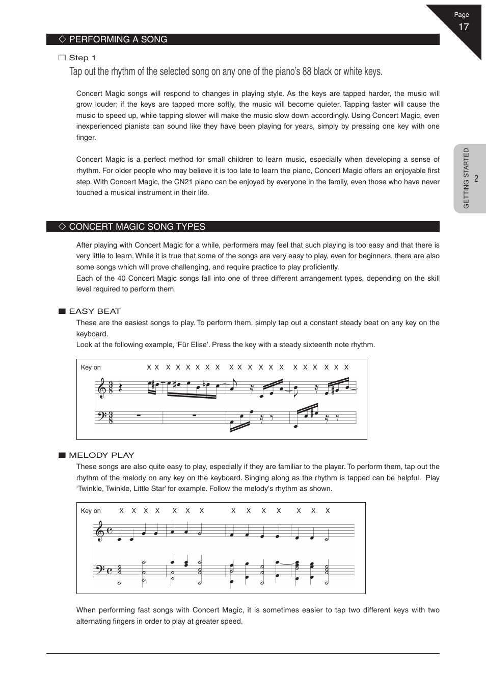 Performing a song, Concert magic song types | Kawai CN21 User Manual | Page 17 / 40