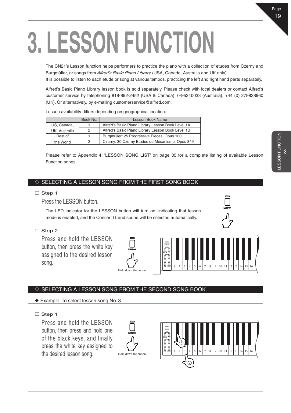Lesson function, Press the lesson button, Selecting a lesson song from the first song book | Selecting a lesson song from the second song book | Kawai CN21 User Manual | Page 19 / 40