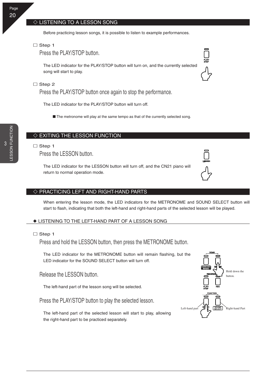 Press the play/stop button, Press the lesson button, Release the lesson button | Kawai CN21 User Manual | Page 20 / 40