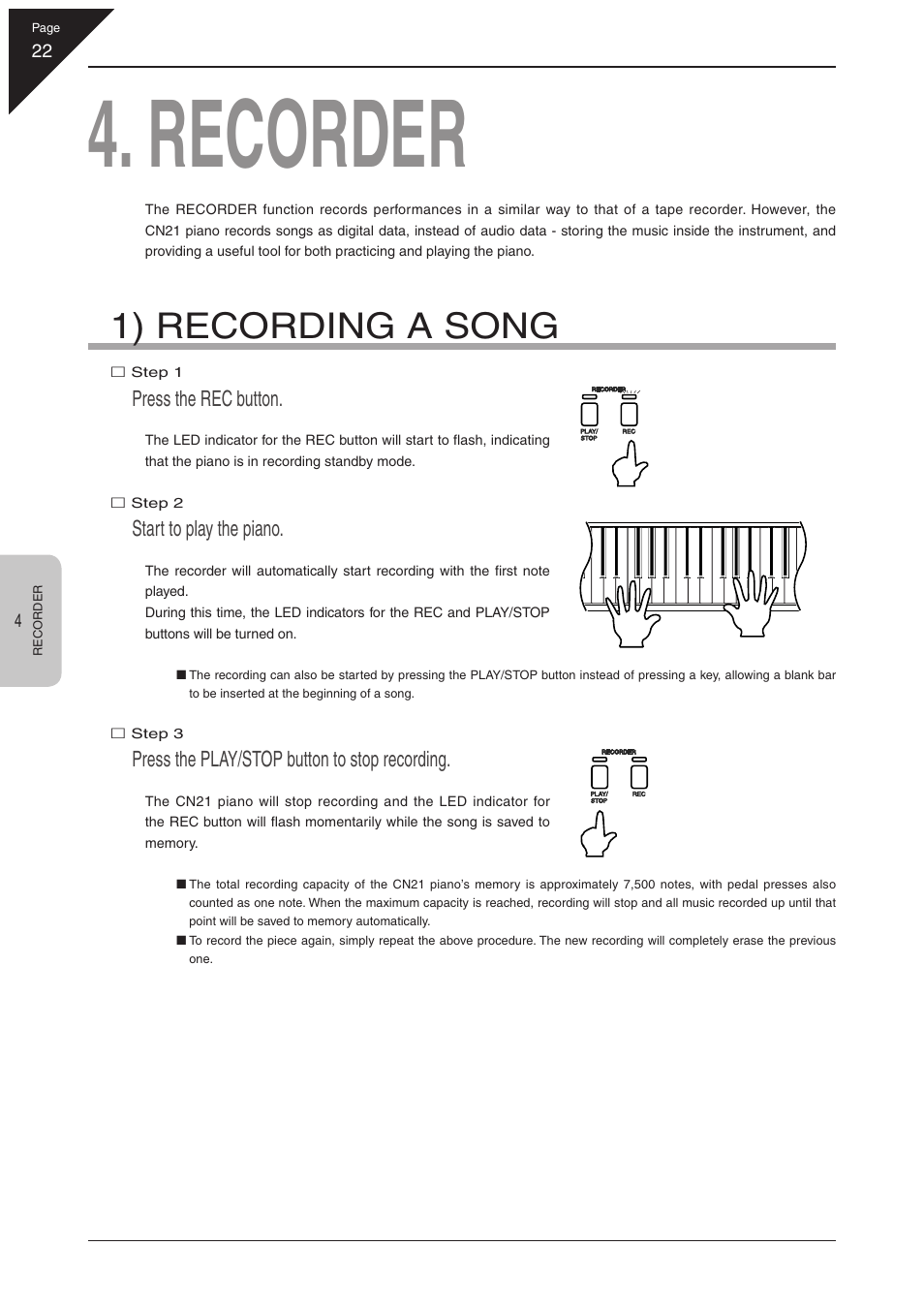 Recorder, 1) recording a song, Press the rec button | Start to play the piano, Press the play/stop button to stop recording | Kawai CN21 User Manual | Page 22 / 40