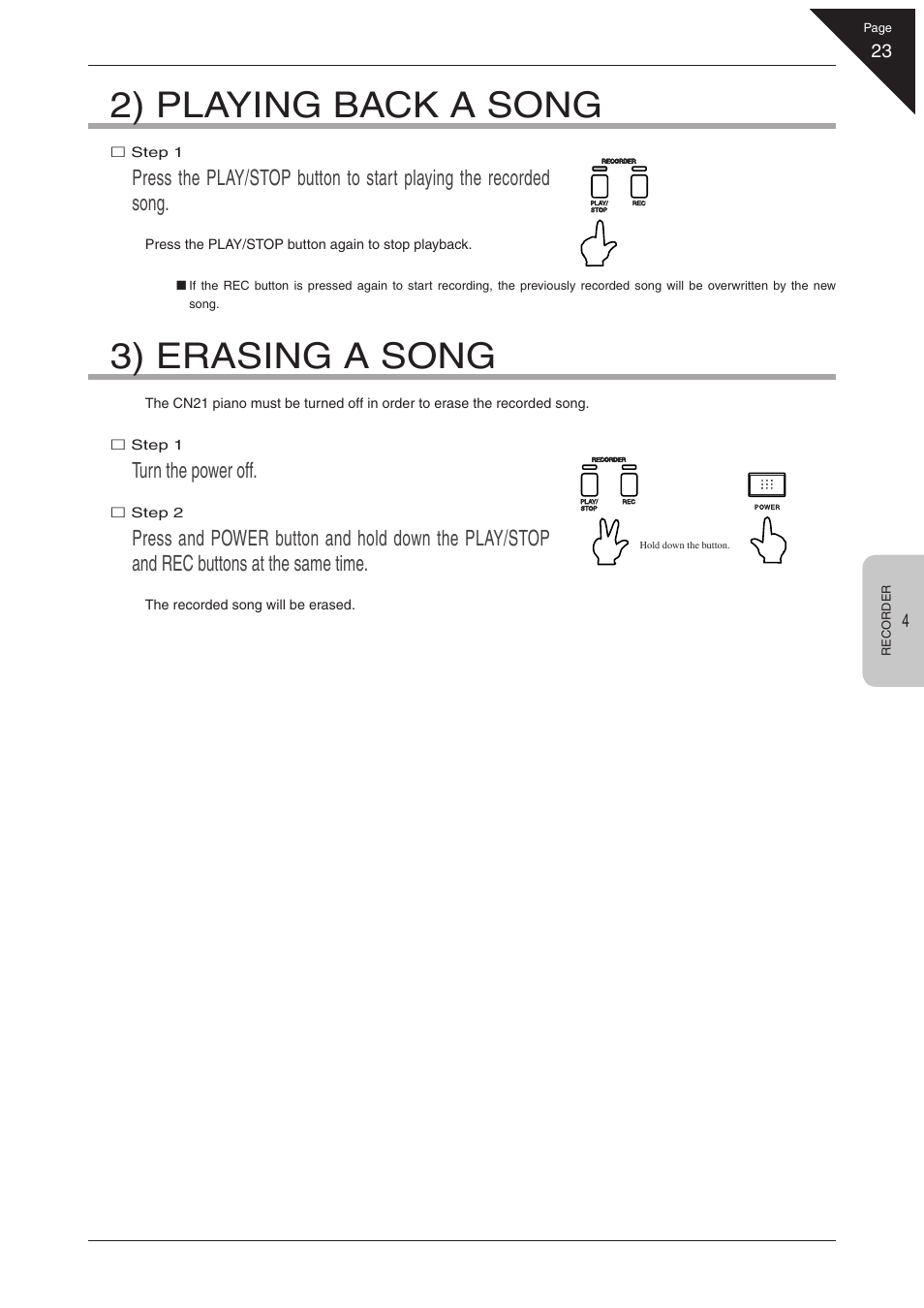 2) playing back a song, 3) erasing a song, Turn the power off | Kawai CN21 User Manual | Page 23 / 40