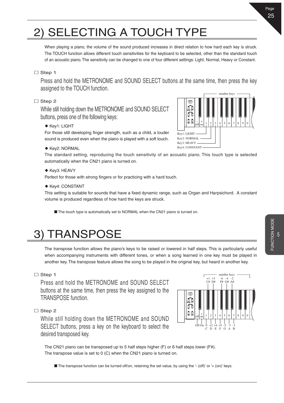 2) selecting a touch type, 3) transpose | Kawai CN21 User Manual | Page 25 / 40