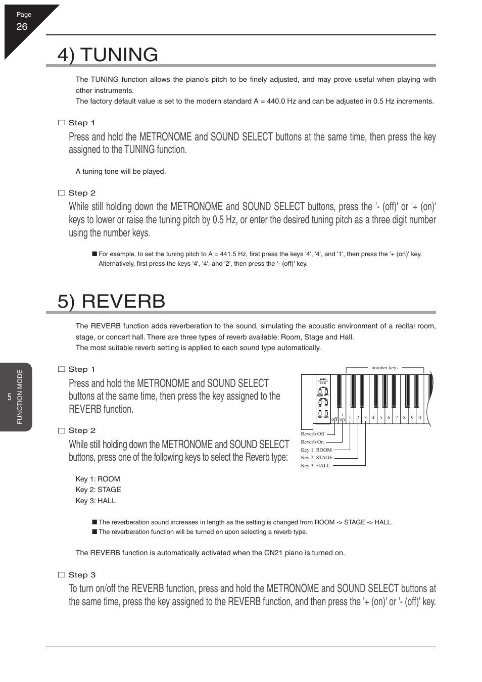 4) tuning, 5) reverb | Kawai CN21 User Manual | Page 26 / 40