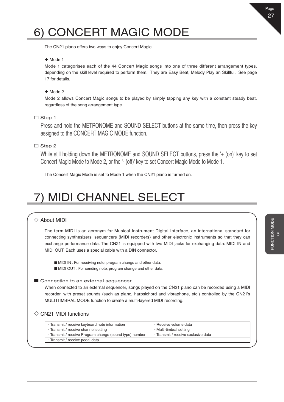 6) concert magic mode, 7) midi channel select | Kawai CN21 User Manual | Page 27 / 40