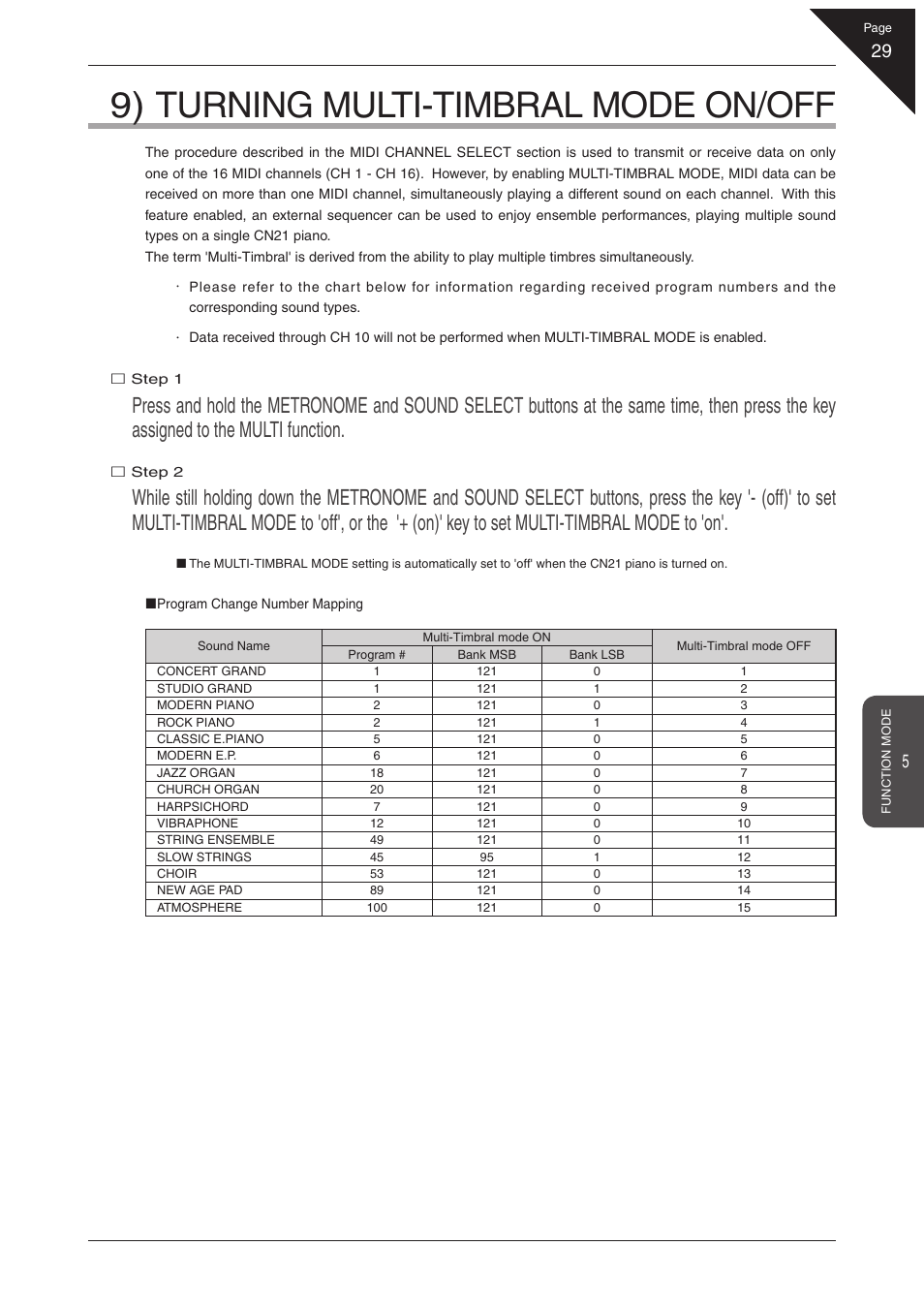 9) turning multi-timbral mode on/off | Kawai CN21 User Manual | Page 29 / 40