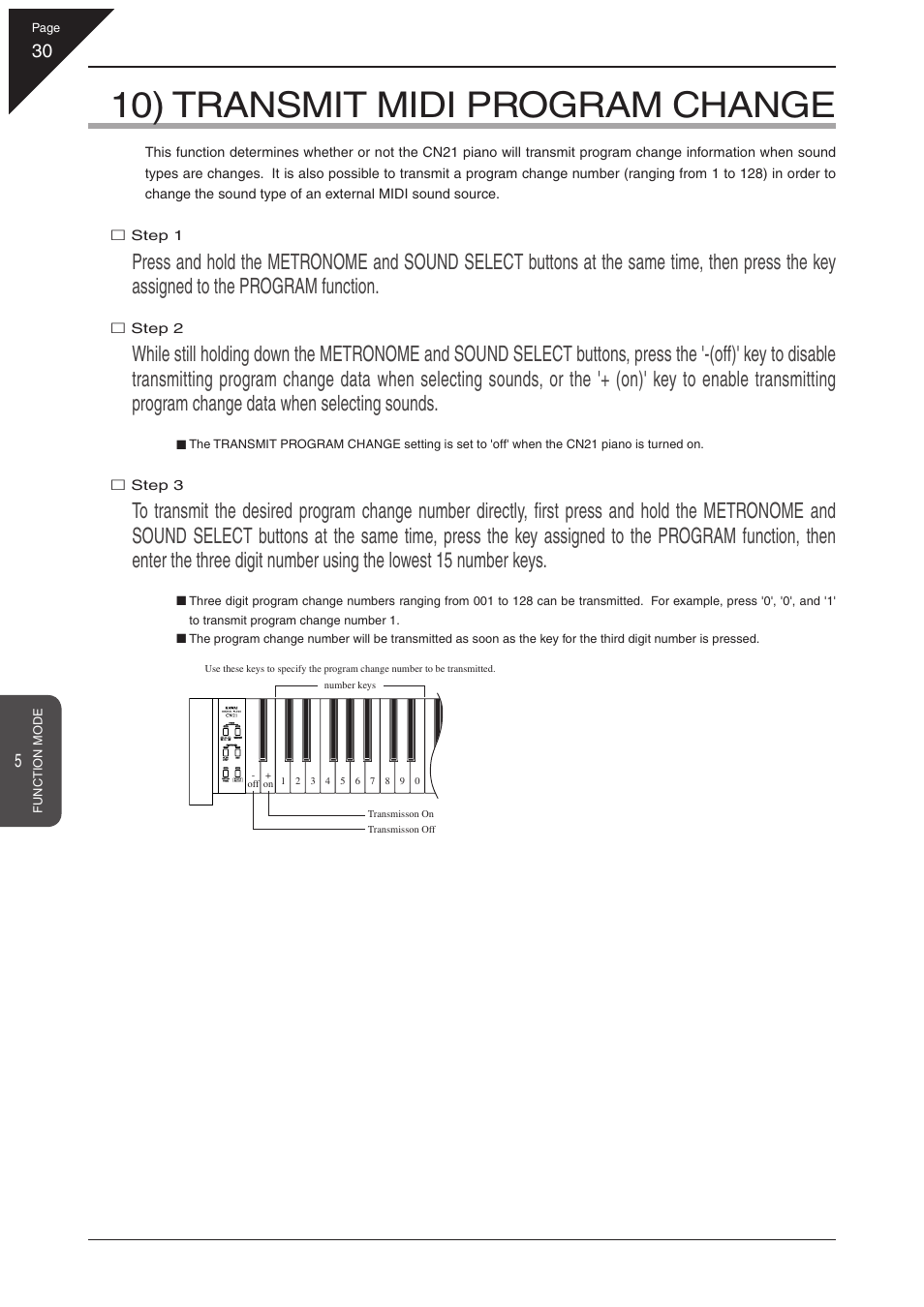 10) transmit midi program change | Kawai CN21 User Manual | Page 30 / 40