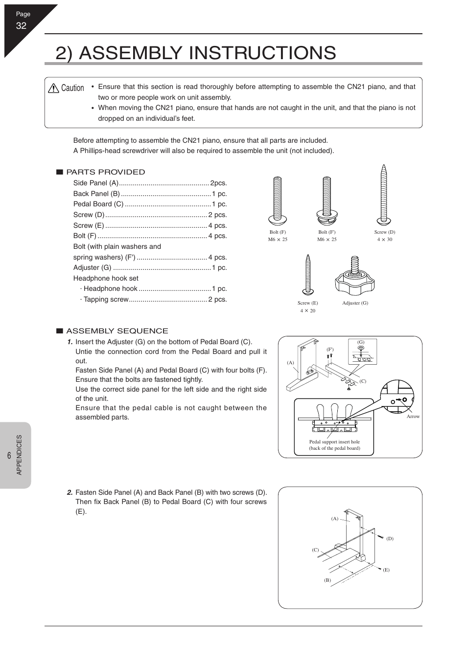 2) assembly instructions, Caution | Kawai CN21 User Manual | Page 32 / 40