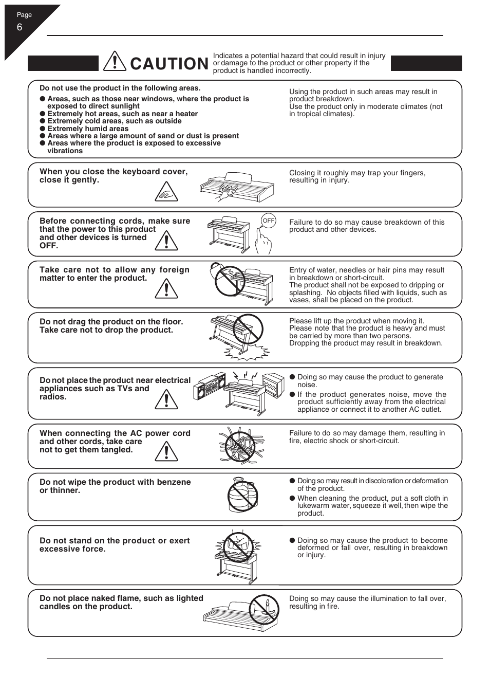 Caution | Kawai CN21 User Manual | Page 6 / 40