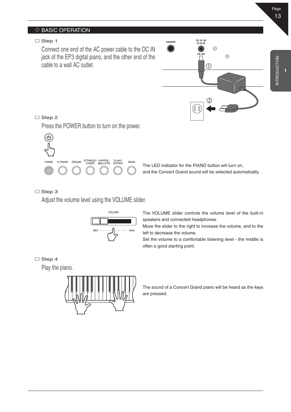 Press the power button to turn on the power, Adjust the volume level using the volume slider, Play the piano | Kawai EP3 User Manual | Page 13 / 66