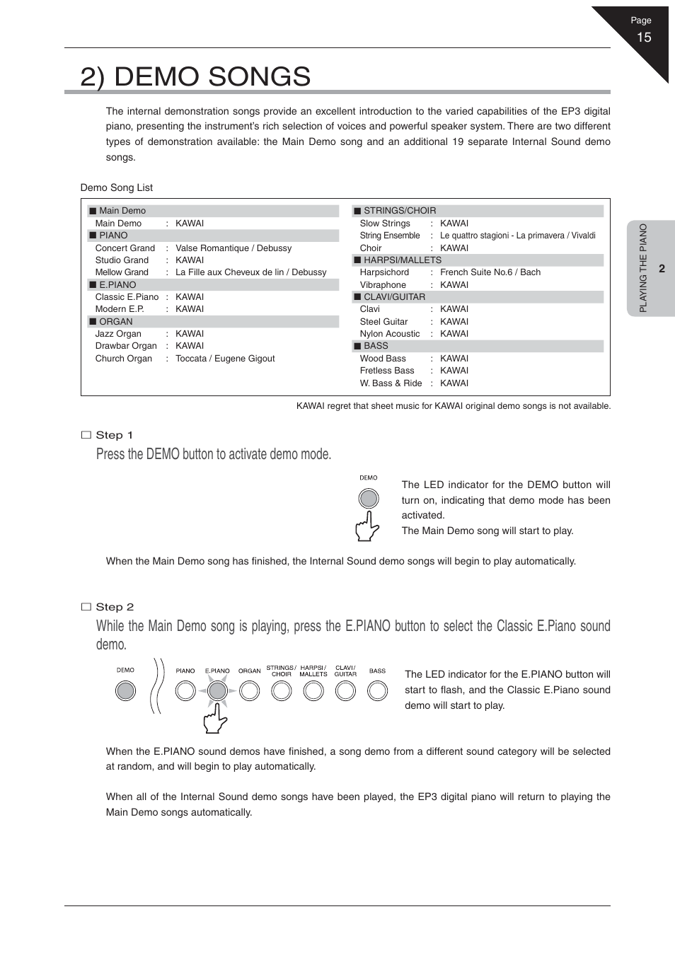 2) demo songs, Press the demo button to activate demo mode | Kawai EP3 User Manual | Page 15 / 66