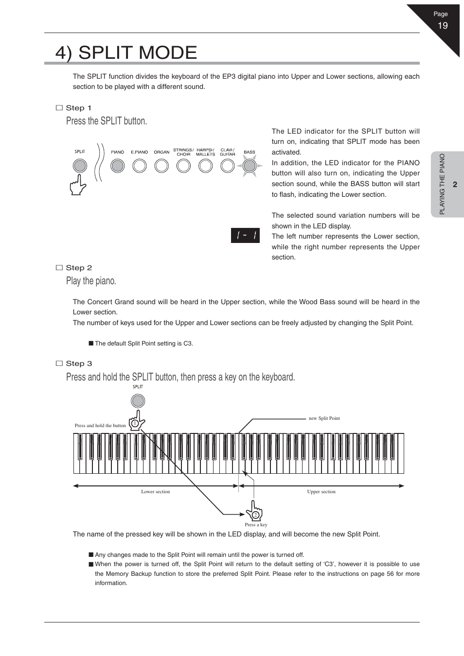 4) split mode, Press the split button, Play the piano | Kawai EP3 User Manual | Page 19 / 66