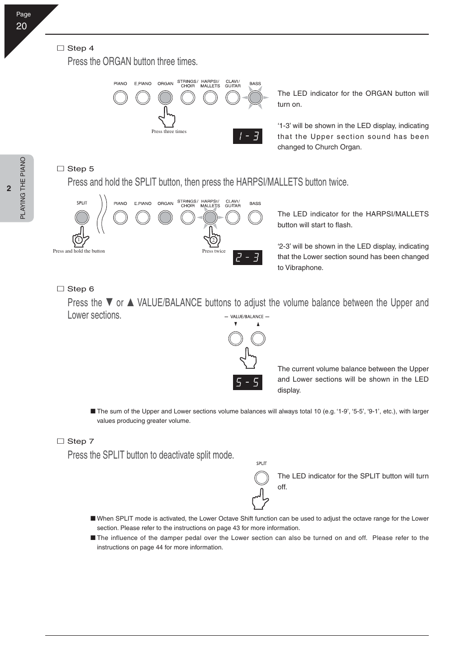 Press the organ button three times, Press the split button to deactivate split mode | Kawai EP3 User Manual | Page 20 / 66