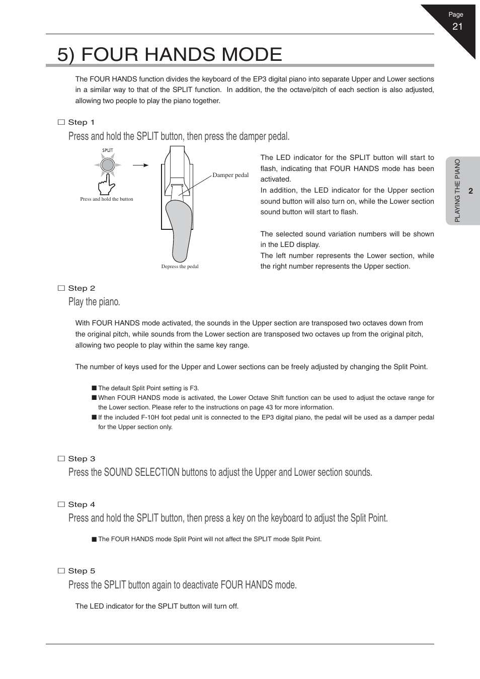 5) four hands mode, Play the piano | Kawai EP3 User Manual | Page 21 / 66