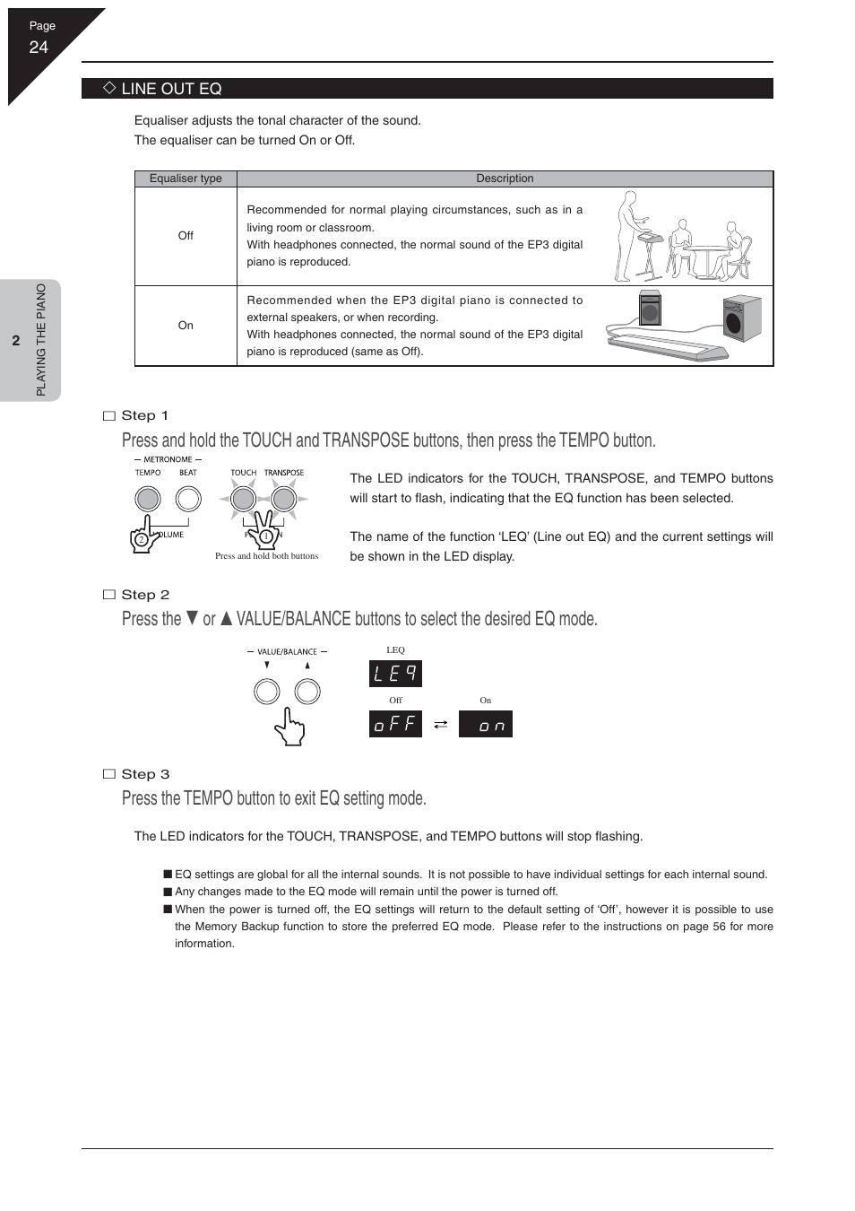 Press the tempo button to exit eq setting mode, Line out eq | Kawai EP3 User Manual | Page 24 / 66