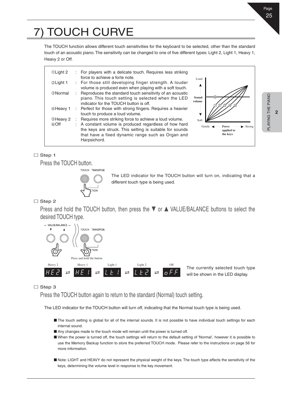 7) touch curve, Press the touch button | Kawai EP3 User Manual | Page 25 / 66