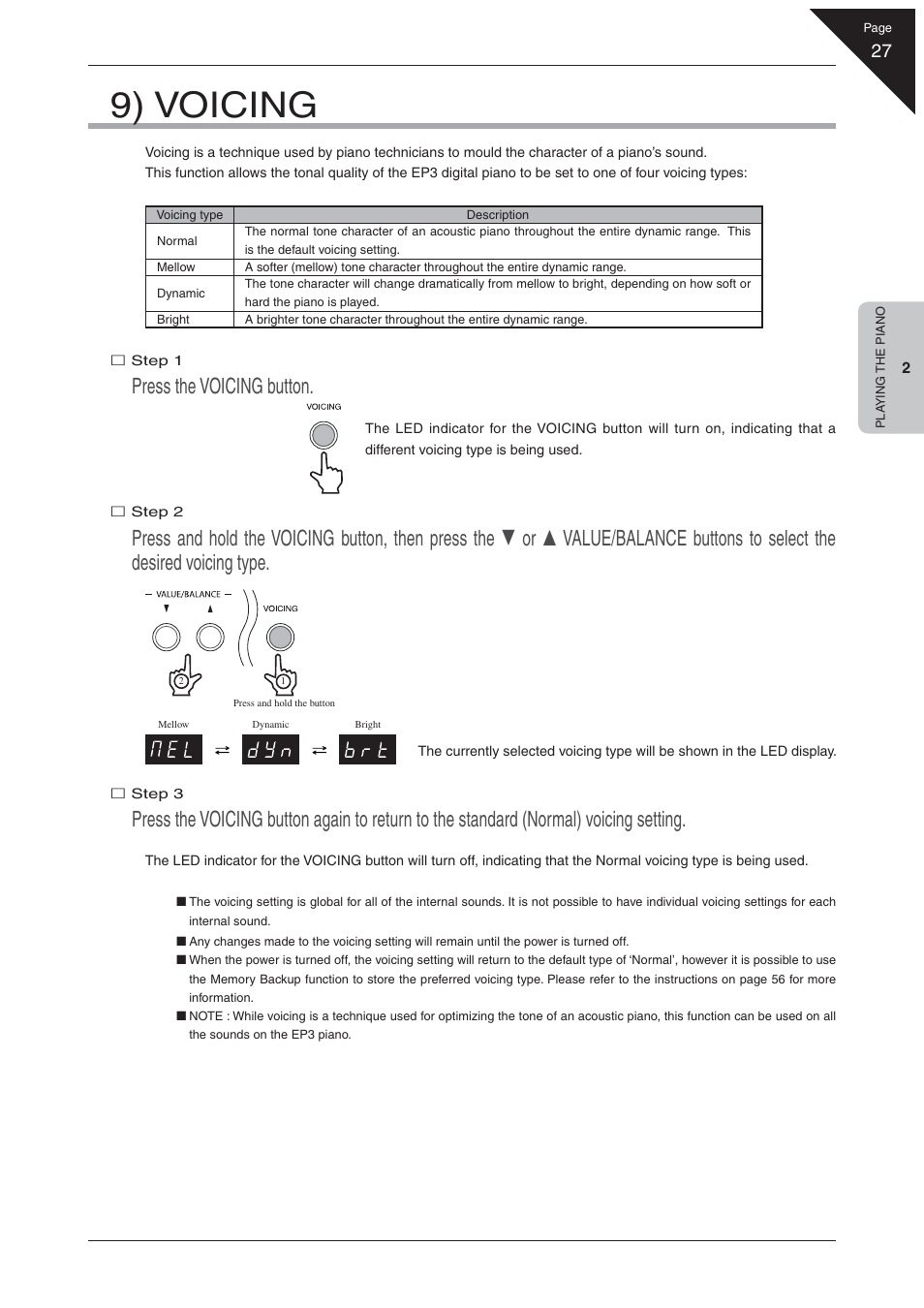 9) voicing, Press the voicing button | Kawai EP3 User Manual | Page 27 / 66