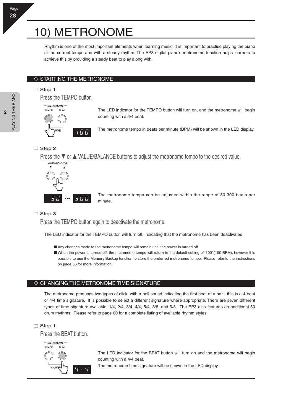 10) metronome, Press the tempo button, Press the beat button | Kawai EP3 User Manual | Page 28 / 66