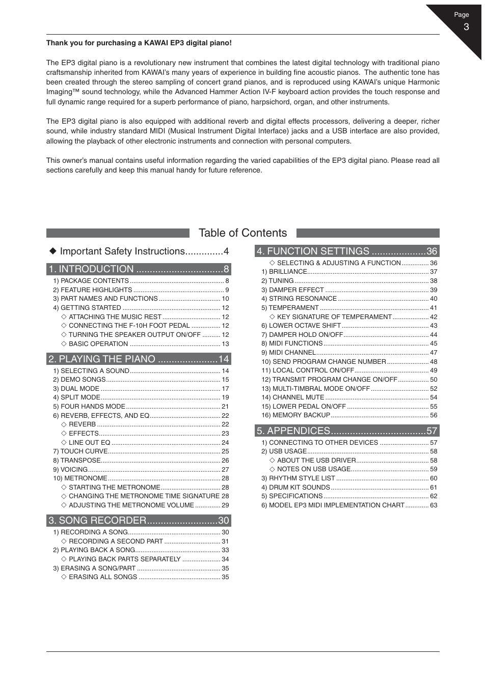 Kawai EP3 User Manual | Page 3 / 66