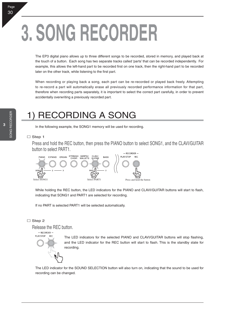 Song recorder, 1) recording a song, Release the rec button | Kawai EP3 User Manual | Page 30 / 66