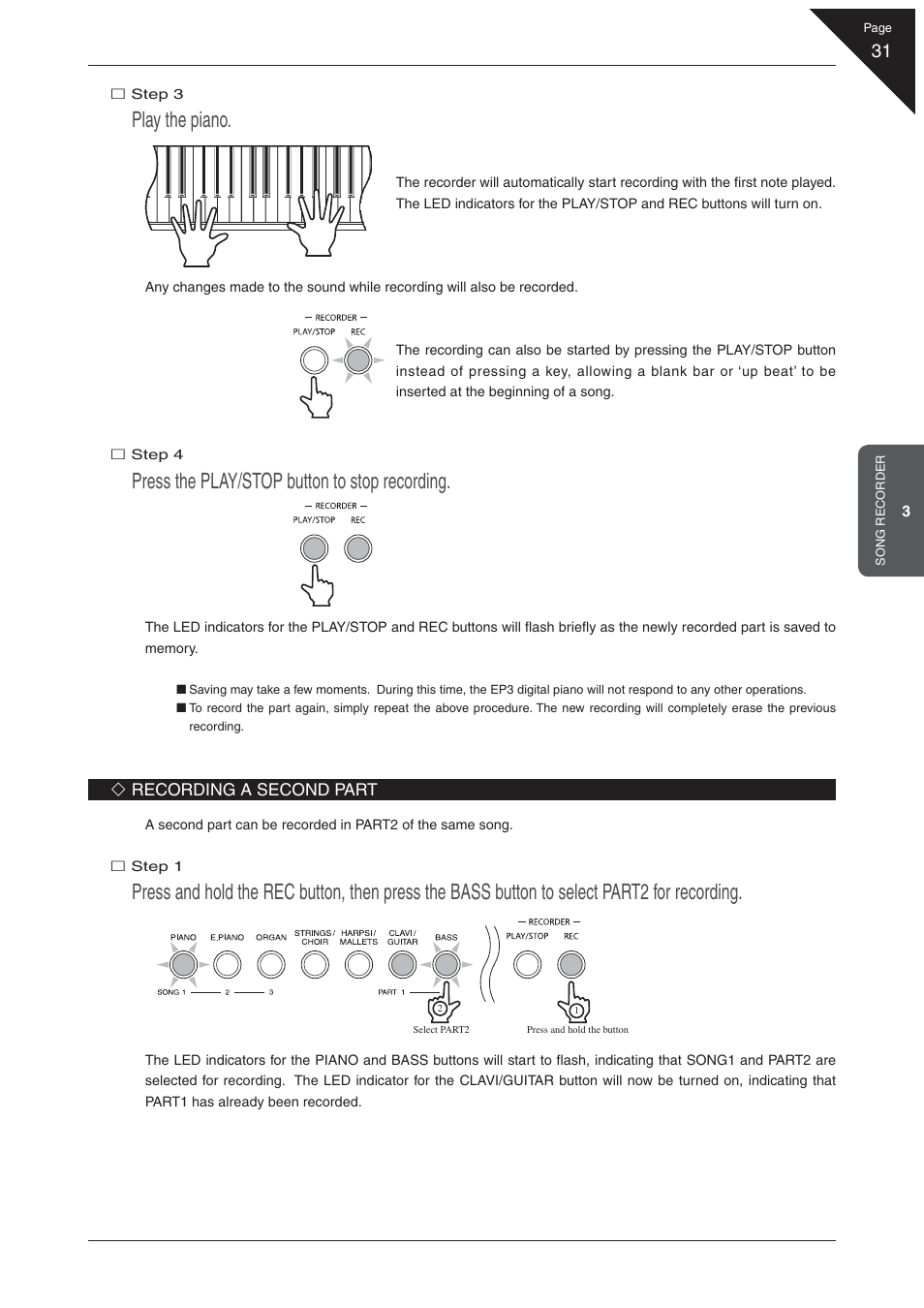 Play the piano, Press the play/stop button to stop recording | Kawai EP3 User Manual | Page 31 / 66