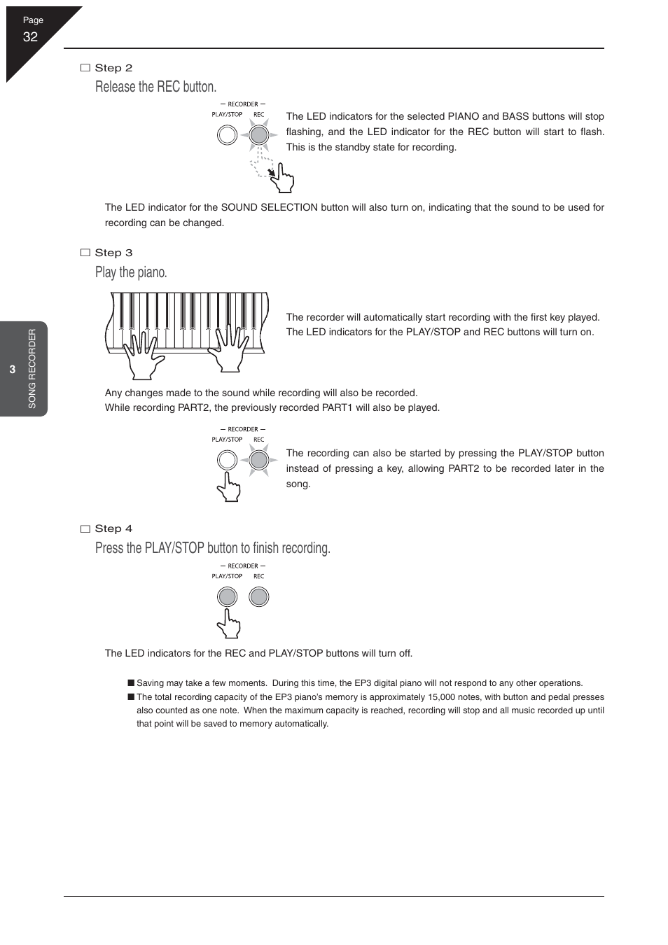 Release the rec button, Play the piano, Press the play/stop button to ﬁ nish recording | Kawai EP3 User Manual | Page 32 / 66