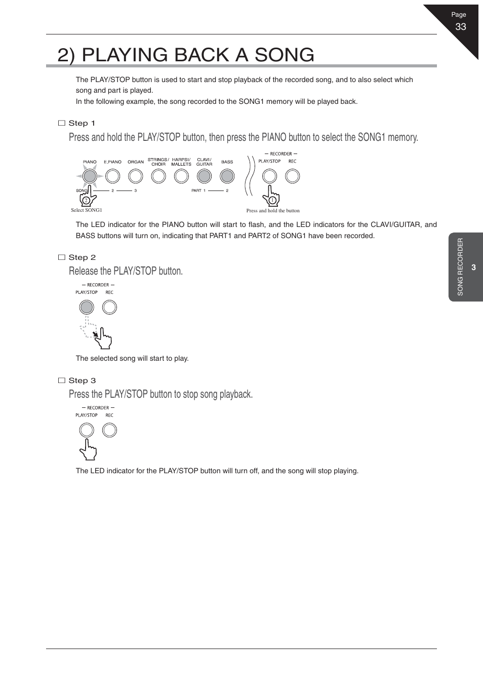 2) playing back a song, Release the play/stop button, Press the play/stop button to stop song playback | Kawai EP3 User Manual | Page 33 / 66