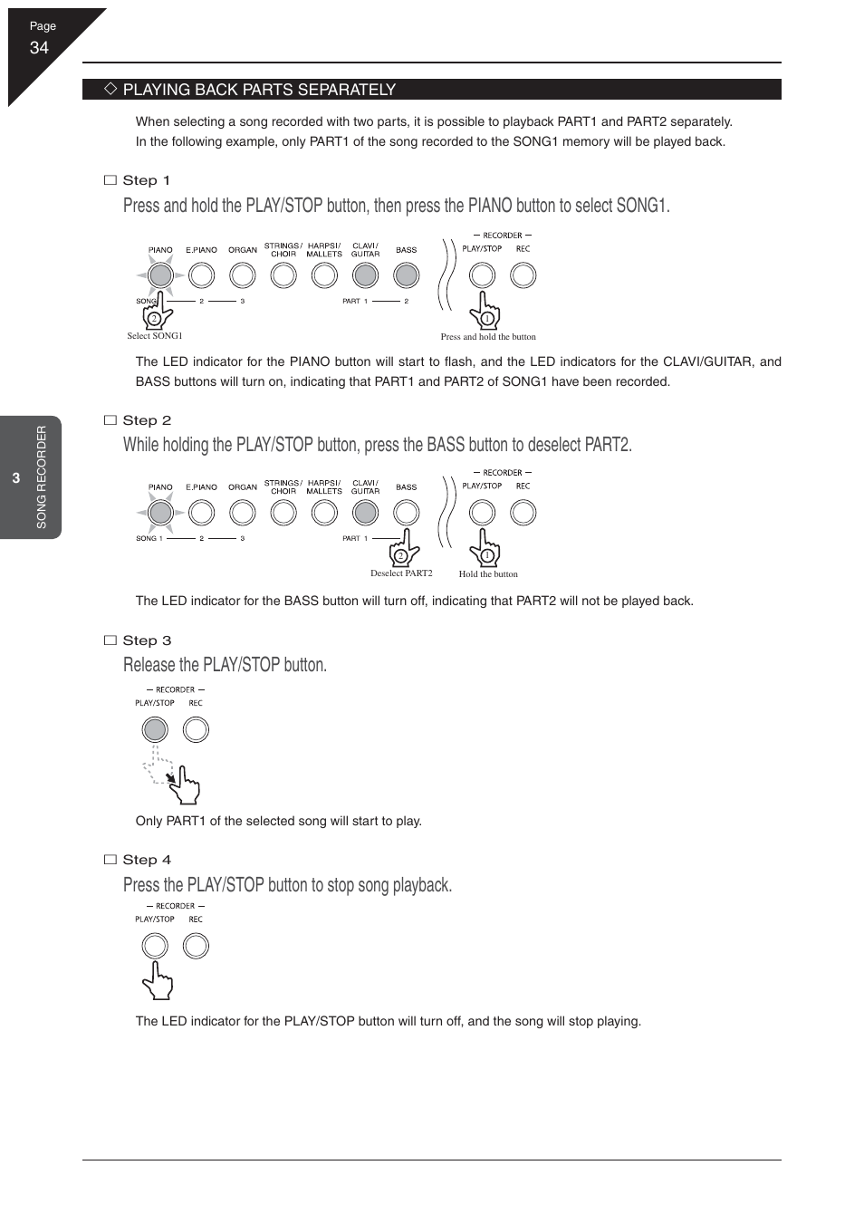 Release the play/stop button, Press the play/stop button to stop song playback | Kawai EP3 User Manual | Page 34 / 66