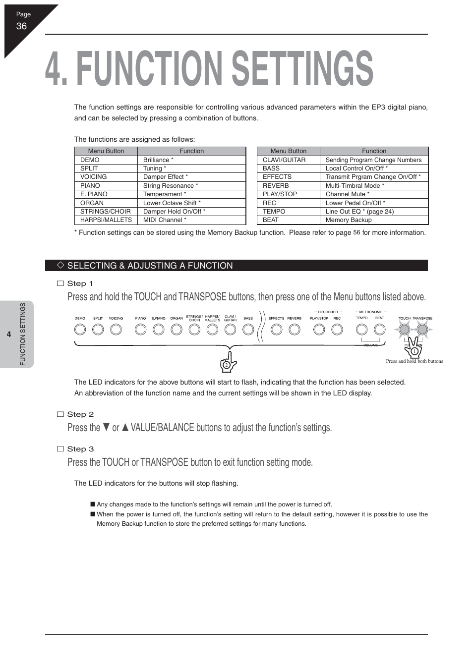 Function settings | Kawai EP3 User Manual | Page 36 / 66