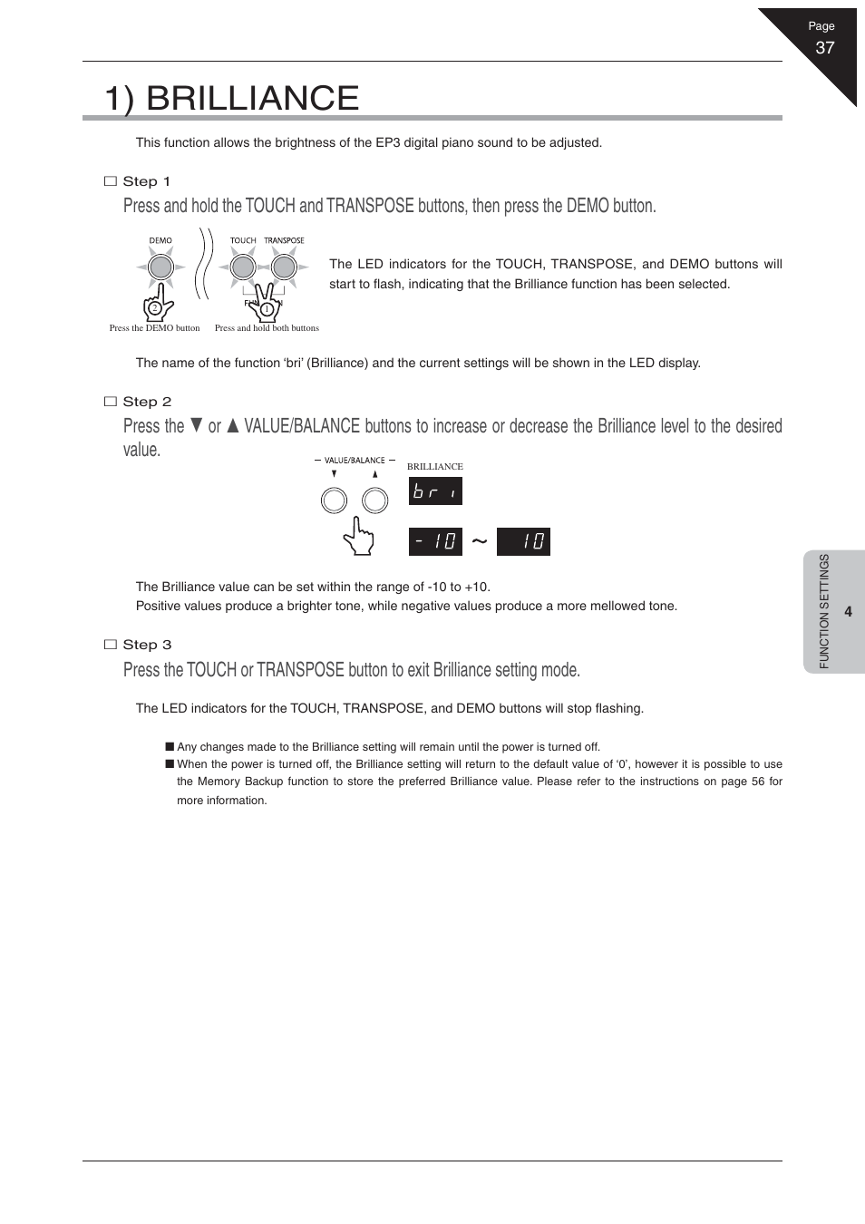 1) brilliance | Kawai EP3 User Manual | Page 37 / 66