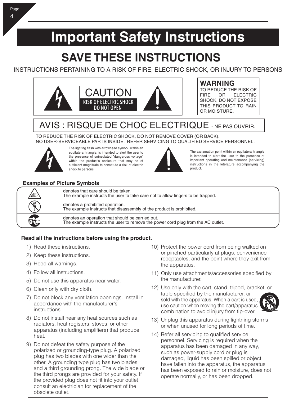 Important safety instructions, Save these instructions, Caution | Avis : risque de choc electrique, Warning | Kawai EP3 User Manual | Page 4 / 66