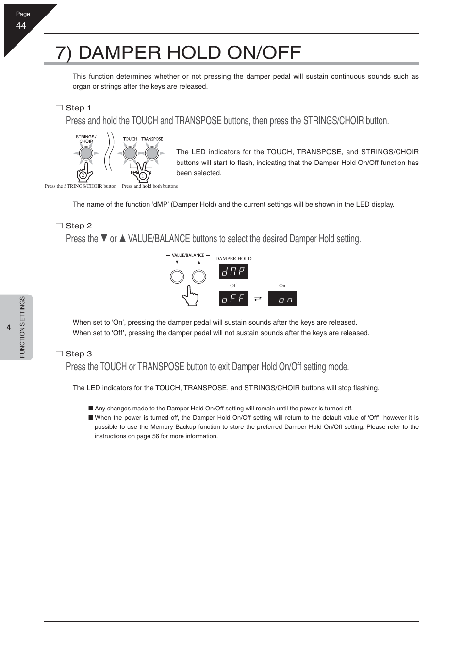 7) damper hold on/off | Kawai EP3 User Manual | Page 44 / 66