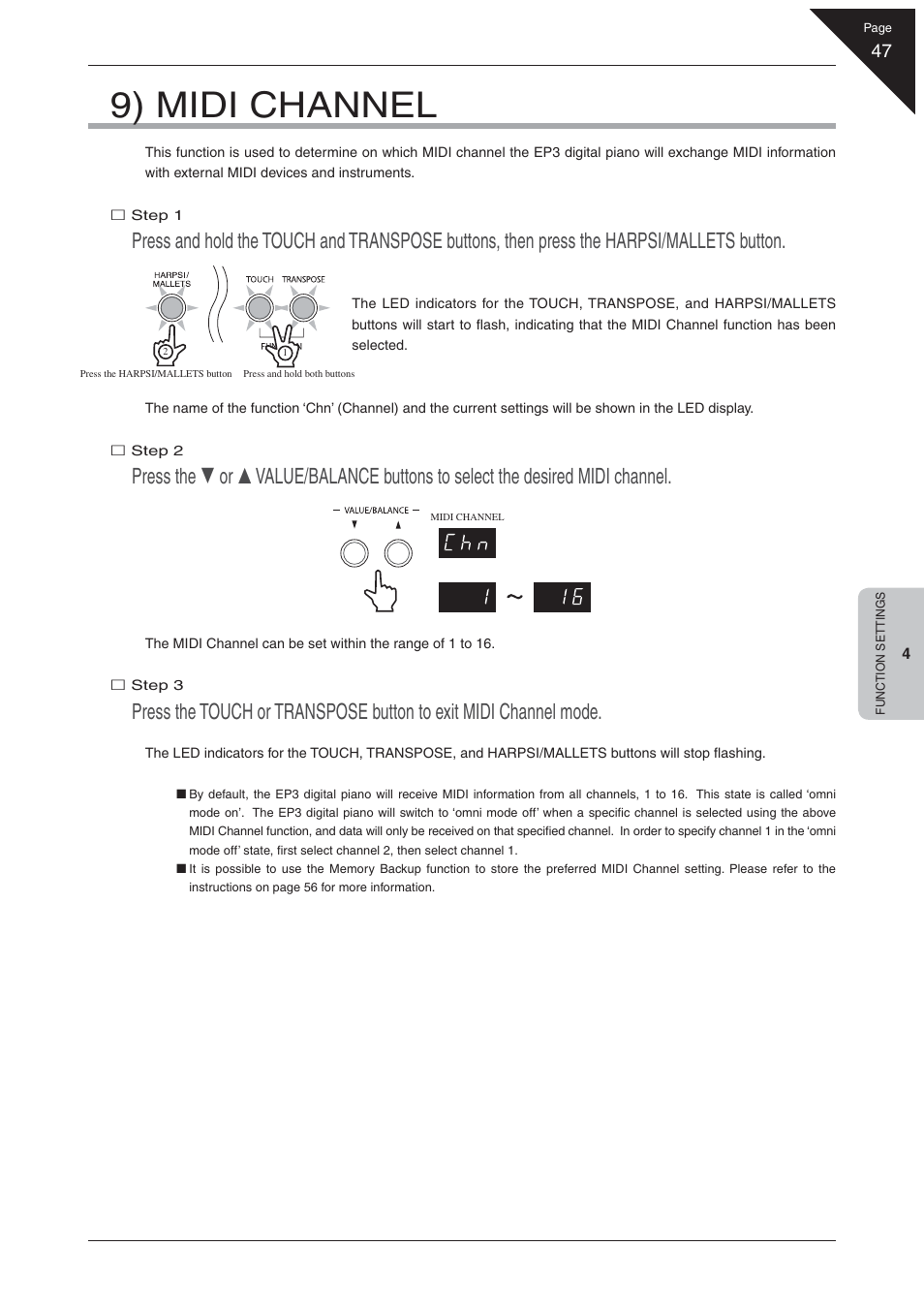 9) midi channel | Kawai EP3 User Manual | Page 47 / 66