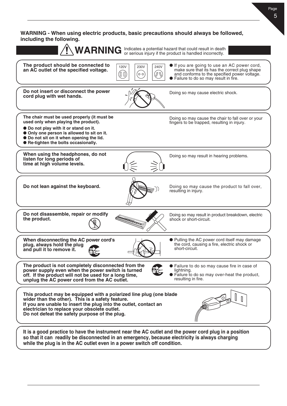Warning | Kawai EP3 User Manual | Page 5 / 66