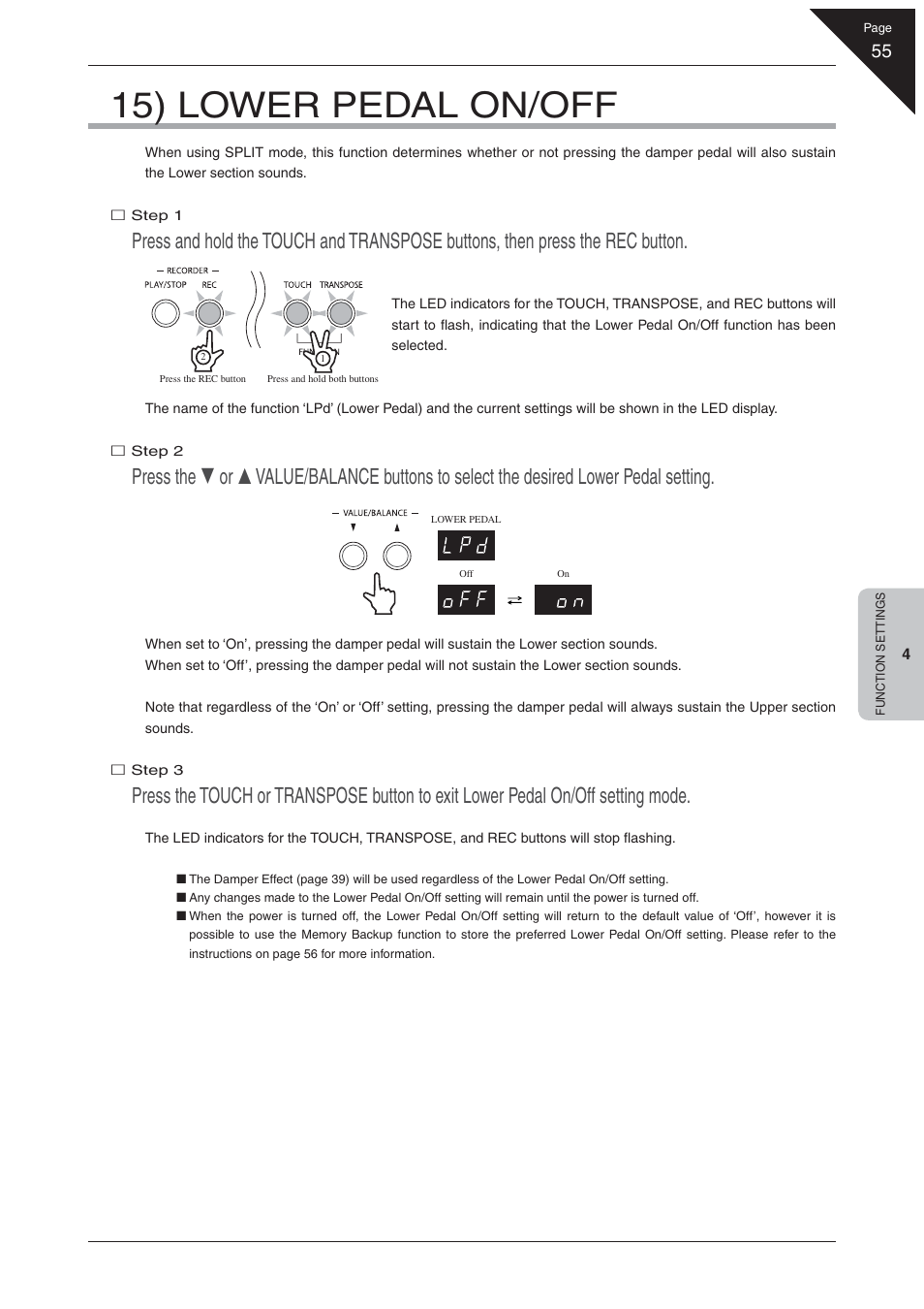 15) lower pedal on/off | Kawai EP3 User Manual | Page 55 / 66