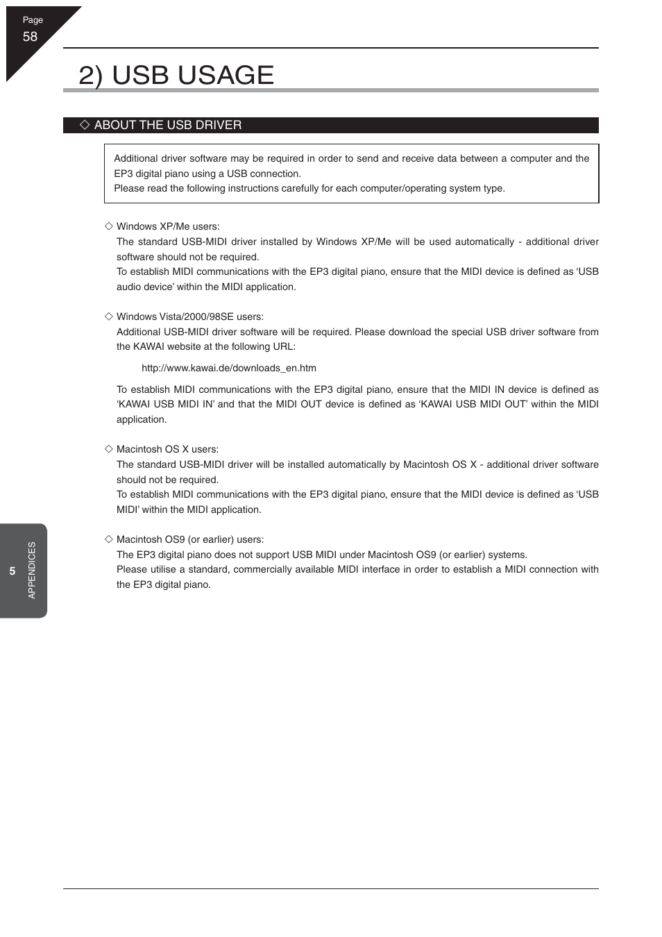 2) usb usage | Kawai EP3 User Manual | Page 58 / 66