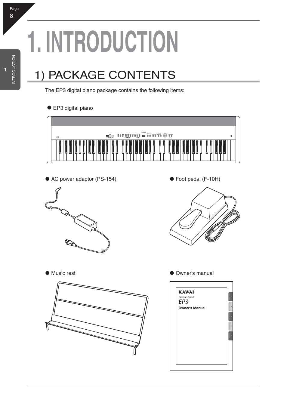 Introduction, 1) package contents, Z ep3 digital piano | Kawai EP3 User Manual | Page 8 / 66