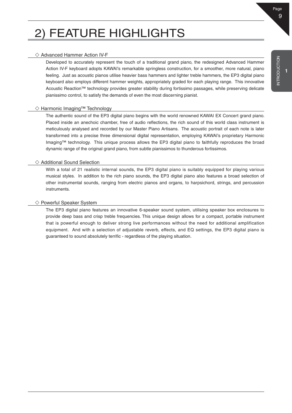 2) feature highlights | Kawai EP3 User Manual | Page 9 / 66