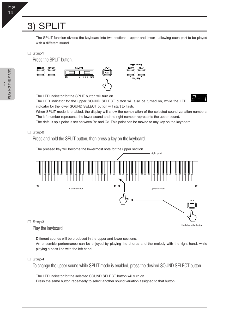 3) split, Press the split button, Play the keyboard | Kawai CN31 User Manual | Page 14 / 58
