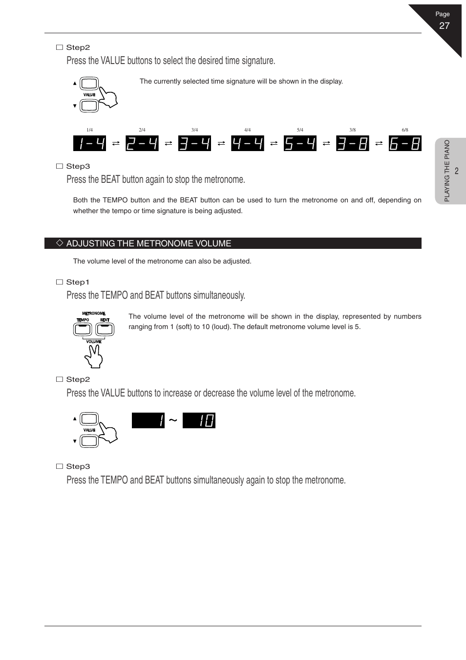 Press the beat button again to stop the metronome, Press the tempo and beat buttons simultaneously | Kawai CN31 User Manual | Page 27 / 58