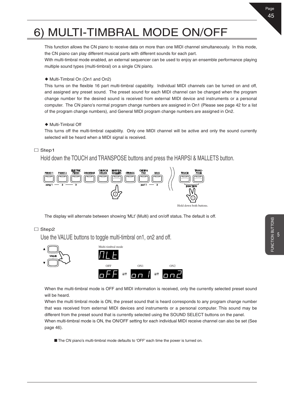 6) multi-timbral mode on/off | Kawai CN31 User Manual | Page 45 / 58