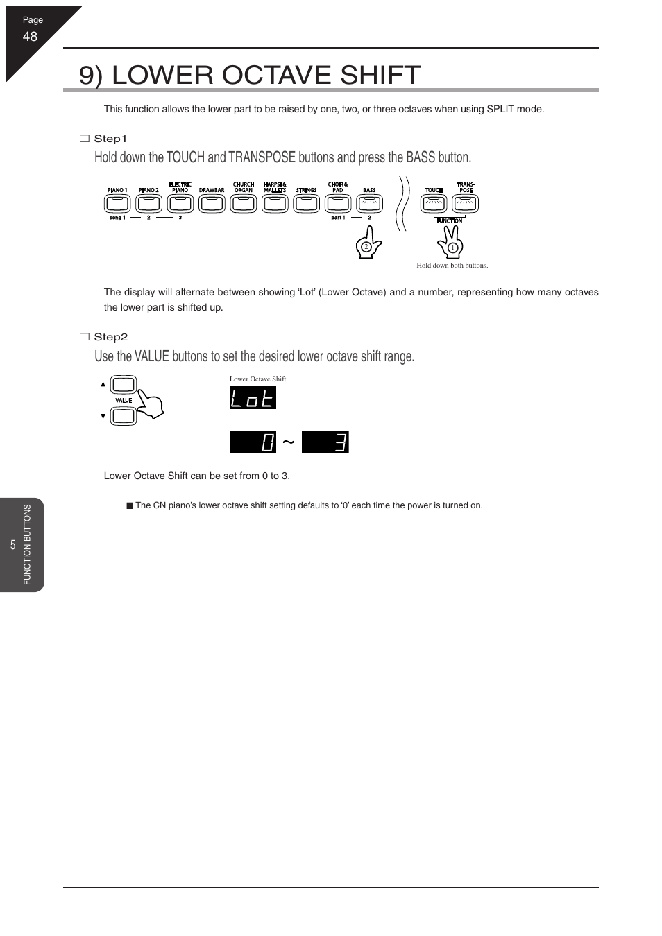 9) lower octave shift | Kawai CN31 User Manual | Page 48 / 58