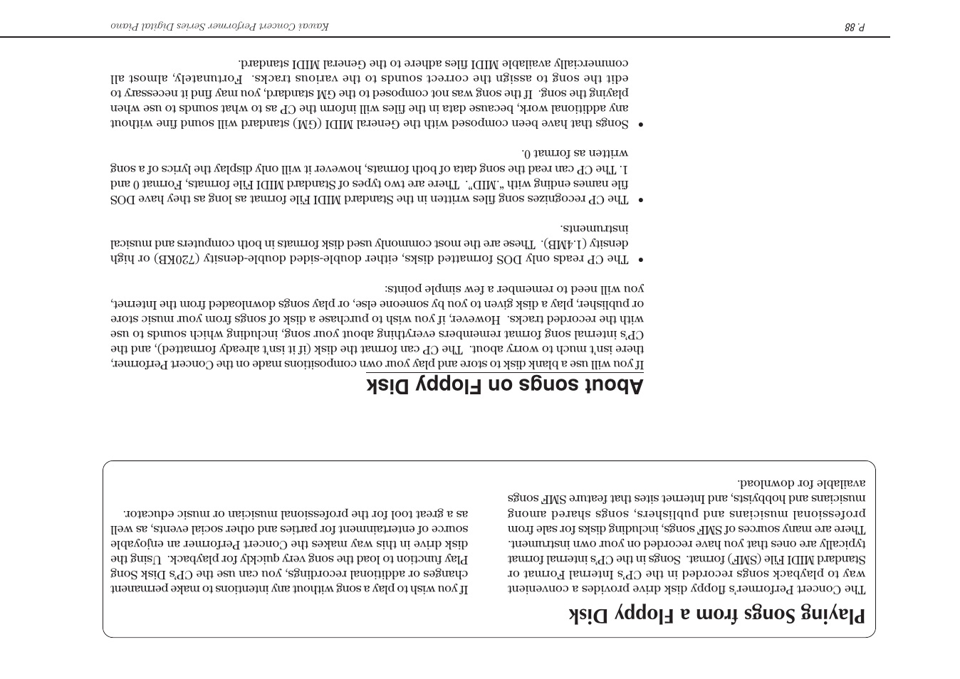 About songs on floppy disk, Playing songs fr om a floppy disk | Kawai Concert Performer Series Digital Piano CP117 User Manual | Page 94 / 180