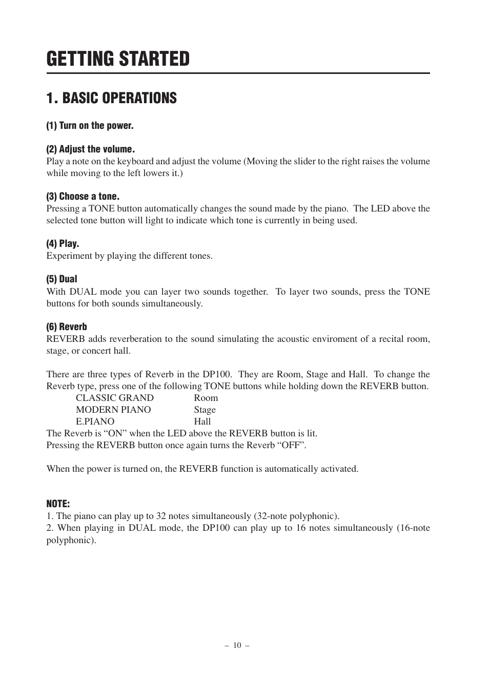 Getting started, Basic operations | Kawai DP100 User Manual | Page 10 / 22