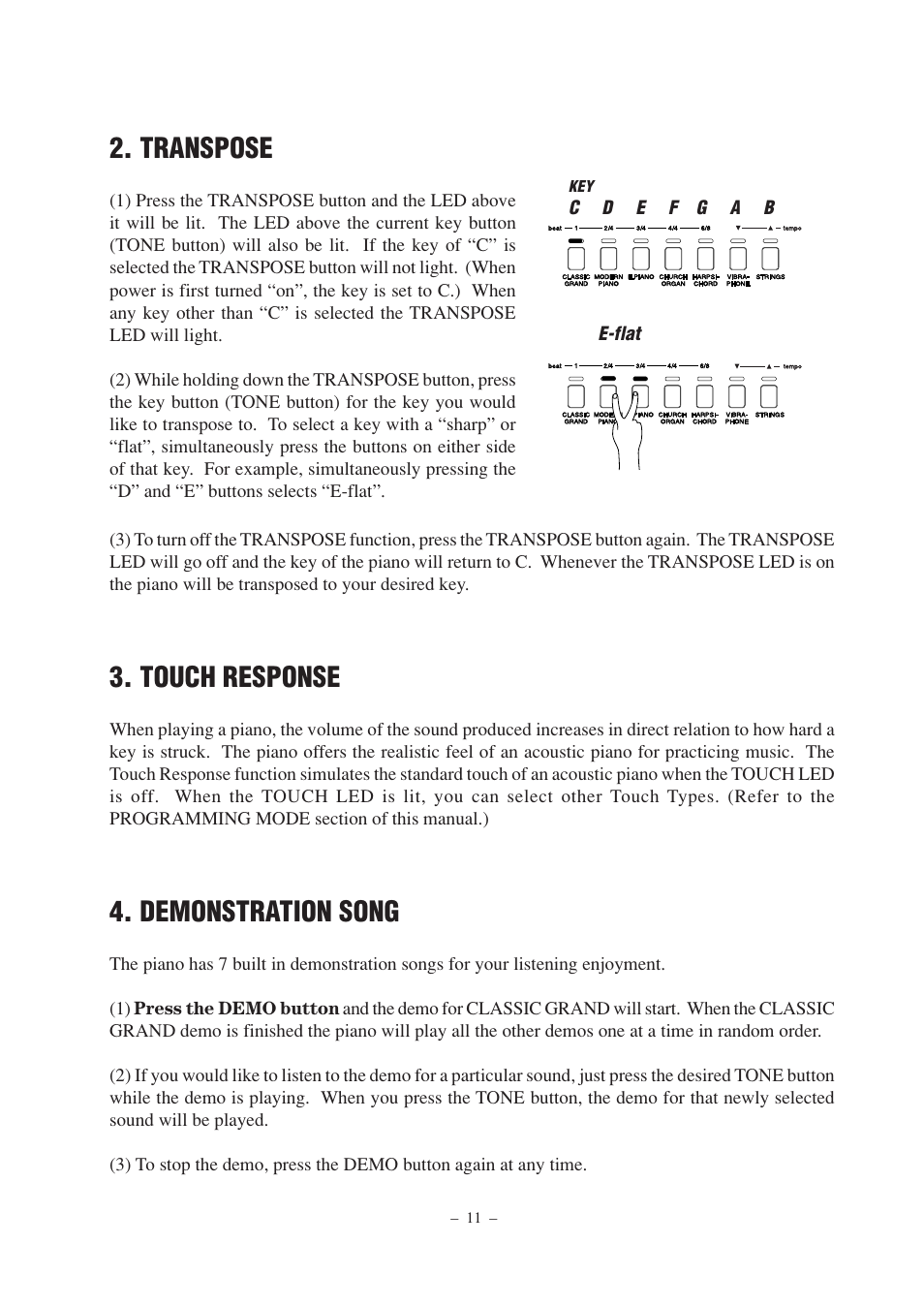 Transpose, Touch response, Demonstration song | Kawai DP100 User Manual | Page 11 / 22