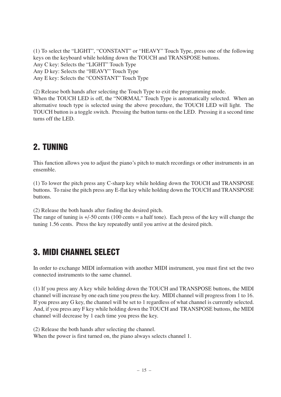 Tuning, Midi channel select | Kawai DP100 User Manual | Page 15 / 22