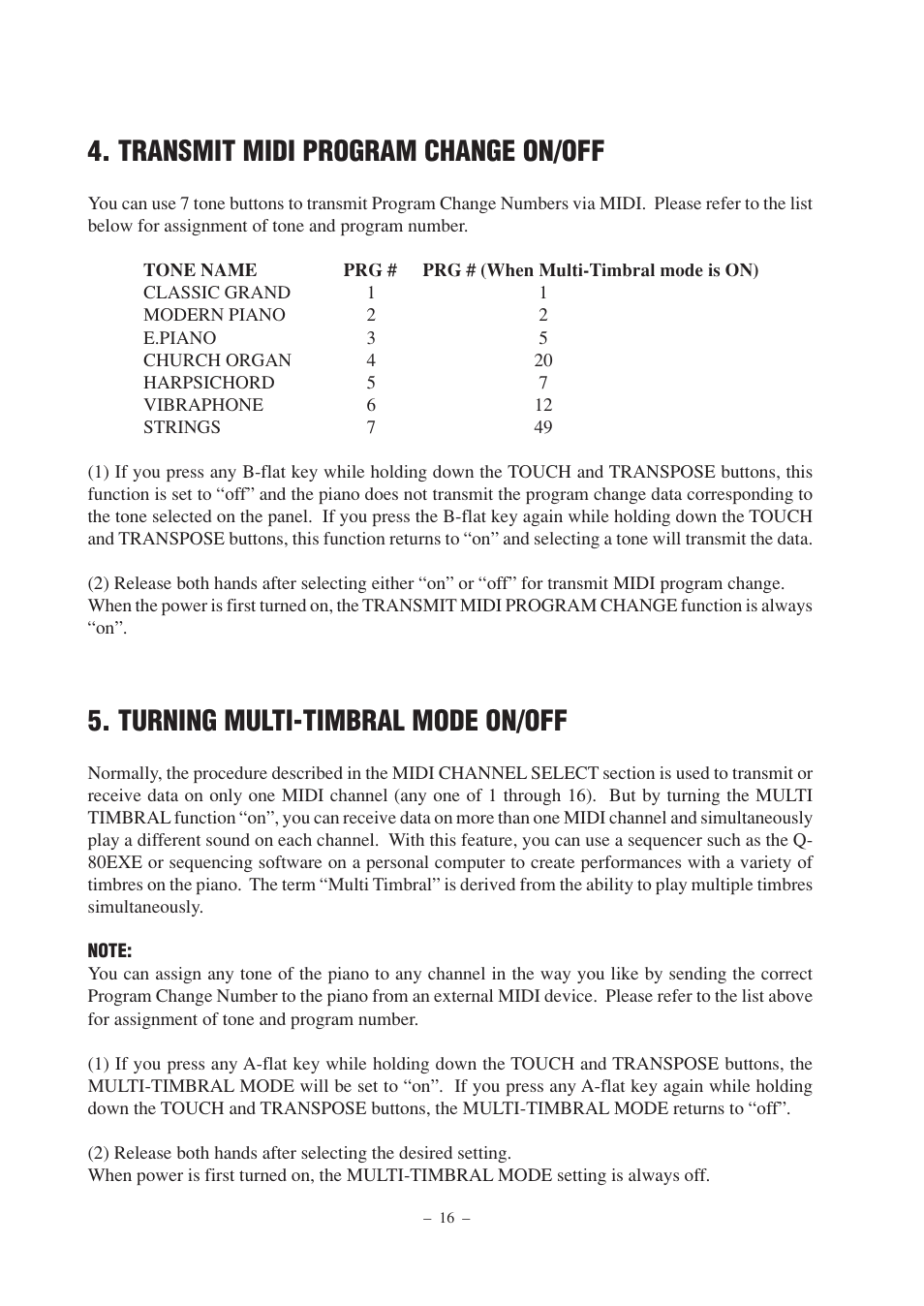 Transmit midi program change on/off, Turning multi-timbral mode on/off | Kawai DP100 User Manual | Page 16 / 22